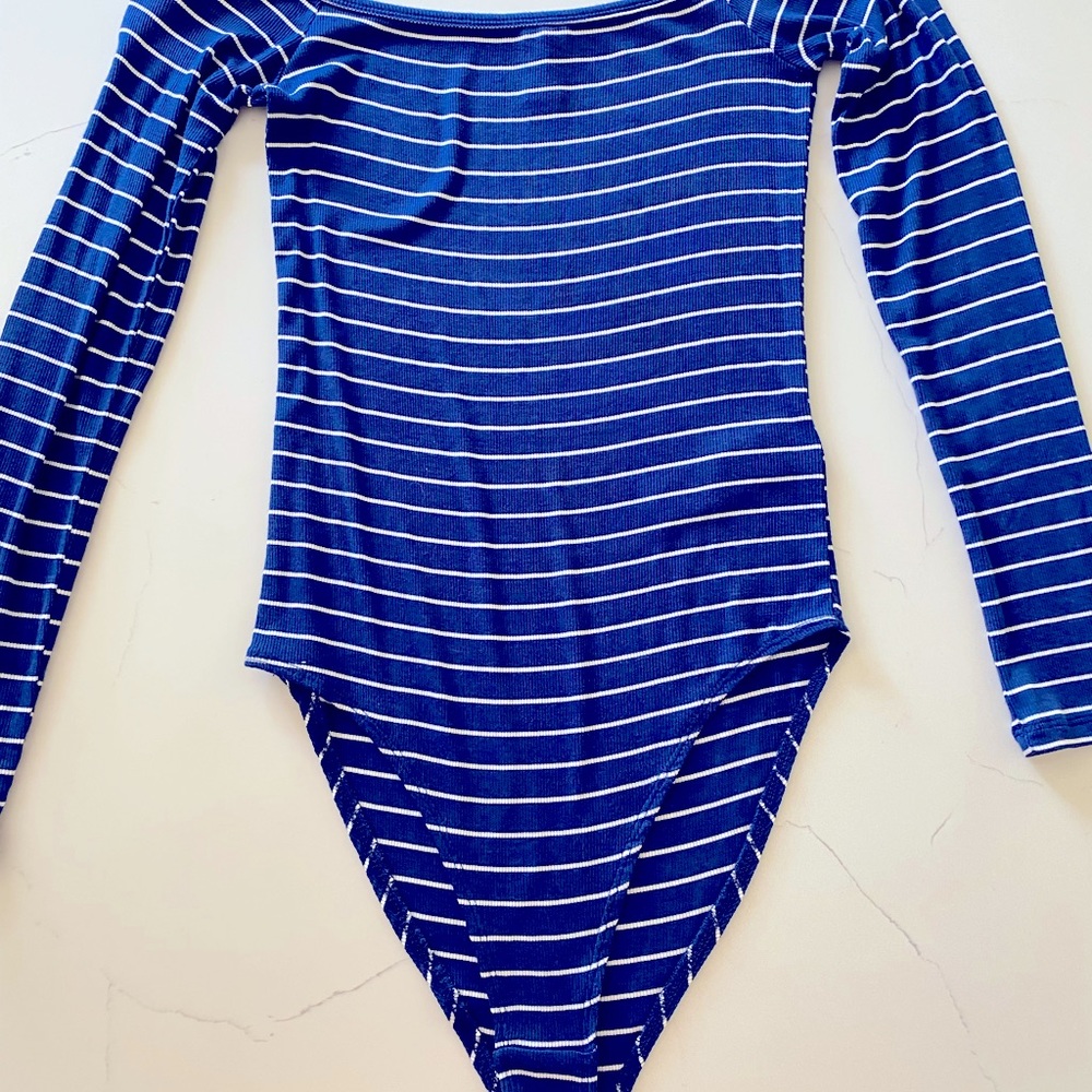 Stripped blue and white off shoulder long sleeve bodysuit. Size:M from Forever21
